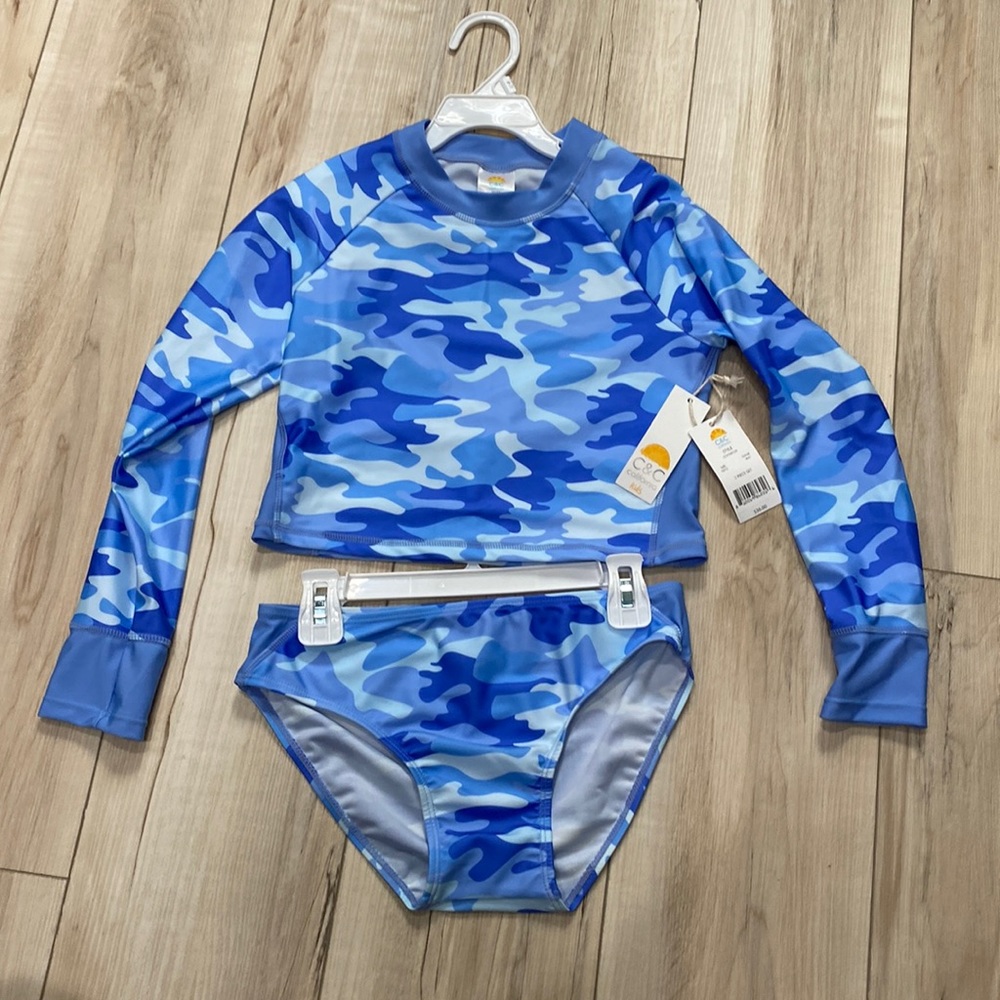 Girls 10/12 C&C California kids swimsuit set long sleeve camo